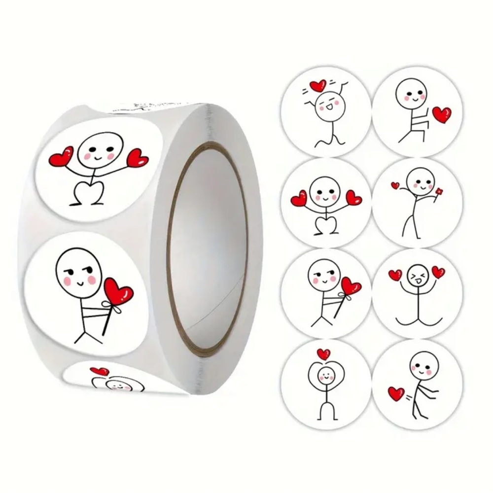 (44) Roll of 500 Whimsical Cartoon Stick Man with Heart Stickers (3/4” diam)